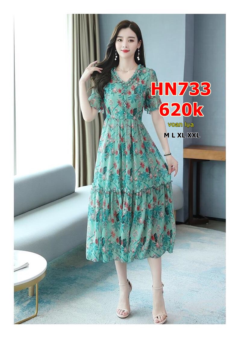 ĐẦM XÒE VOAN HOA CỔ BÈO - HN733
